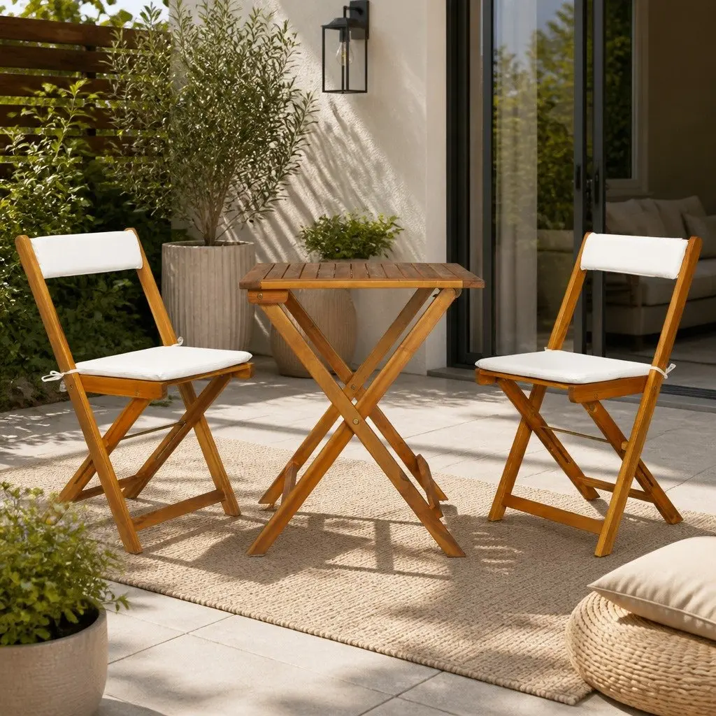 3 Piece Folding Bistro Set with Cushions Solid Acacia Wood Garden Patio