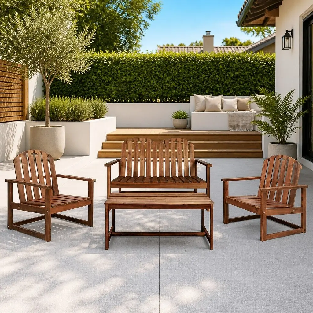 Outdoor Lounge Set 4 Piece Garden Patio Furniture Brown Wood Sofa Bench Chairs