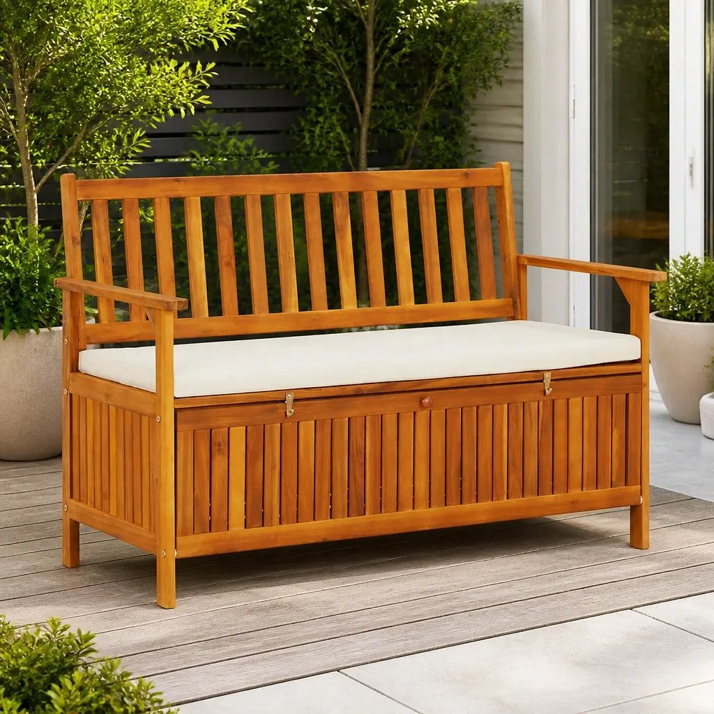 Outdoor Storage Bench Solid Wood Garden Seating with Backrest Armrests Cushion