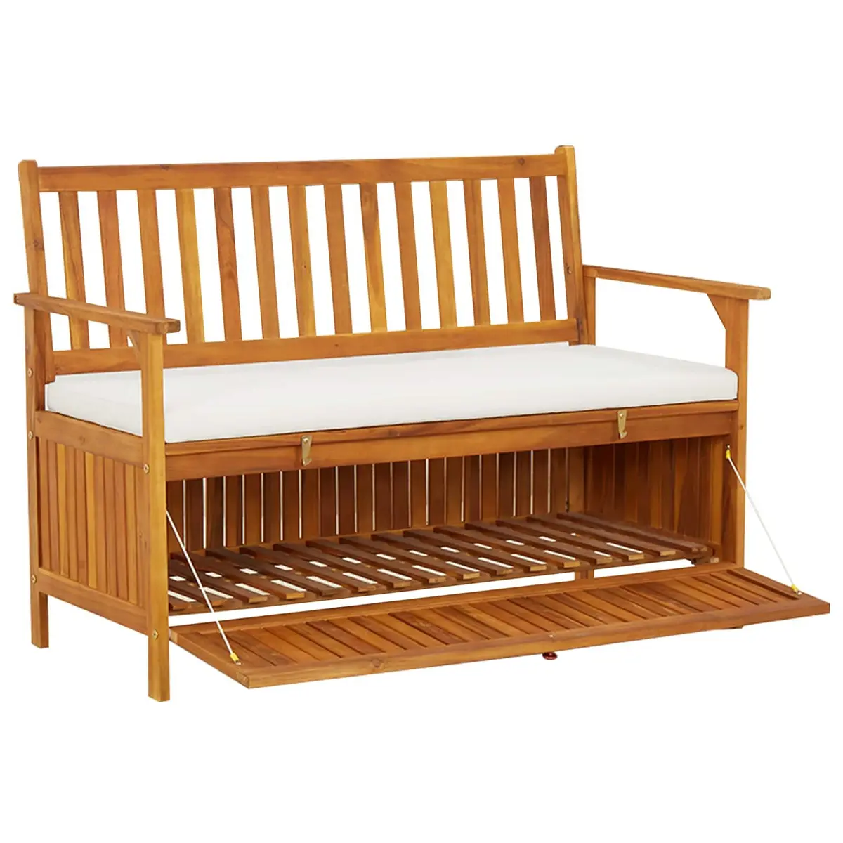 Outdoor Storage Bench Solid Wood Garden Seating with Backrest Armrests Cushion