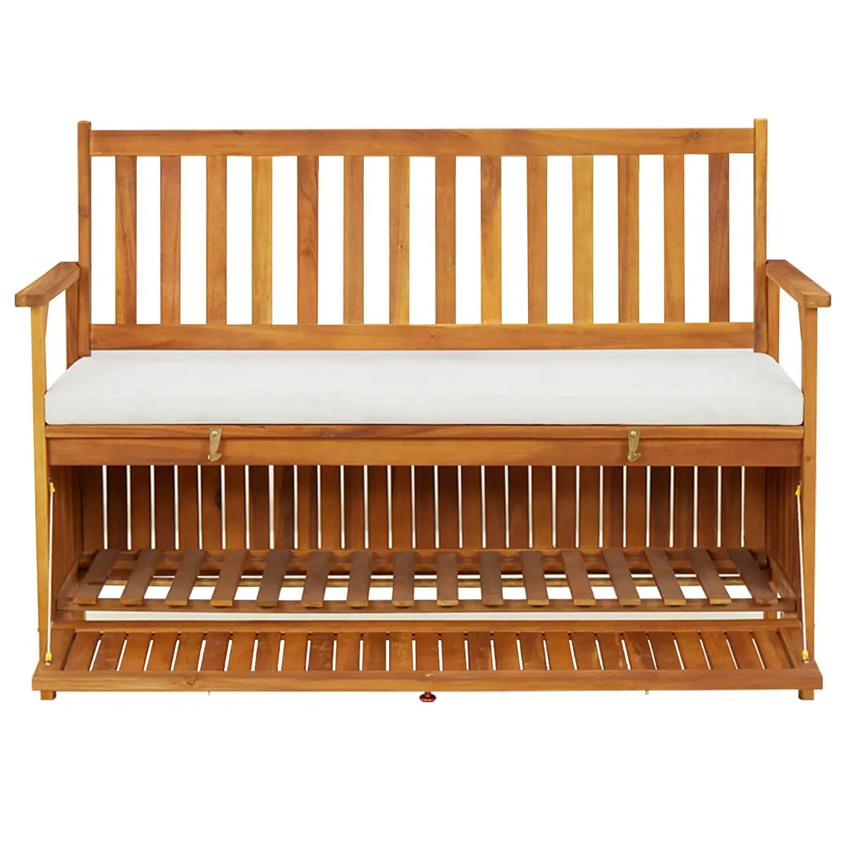 Outdoor Storage Bench Solid Wood Garden Seating with Backrest Armrests Cushion