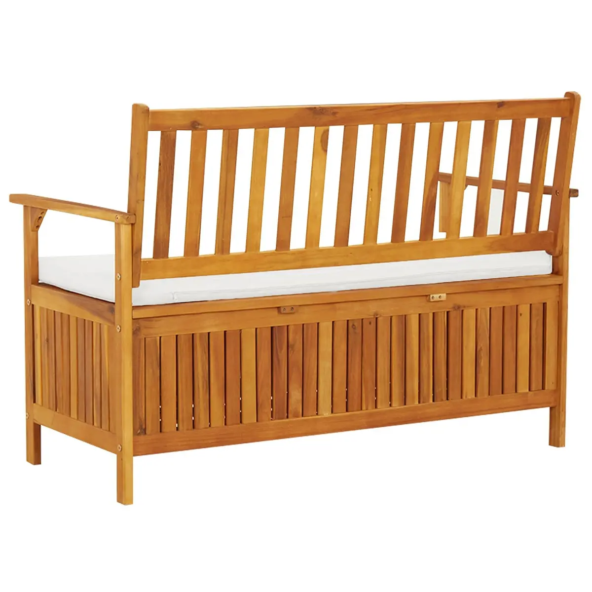 Outdoor Storage Bench Solid Wood Garden Seating with Backrest Armrests Cushion