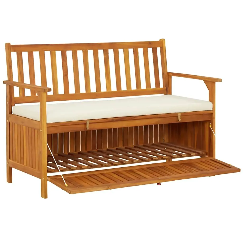 Outdoor Storage Bench Solid Wood Garden Seating with Backrest Armrests Cushion