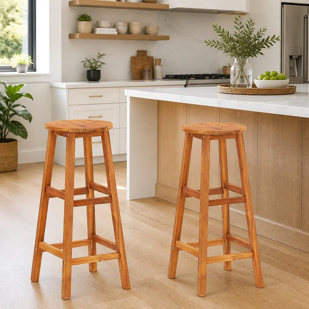 2 Acacia Wood Bar Stools with Footrests