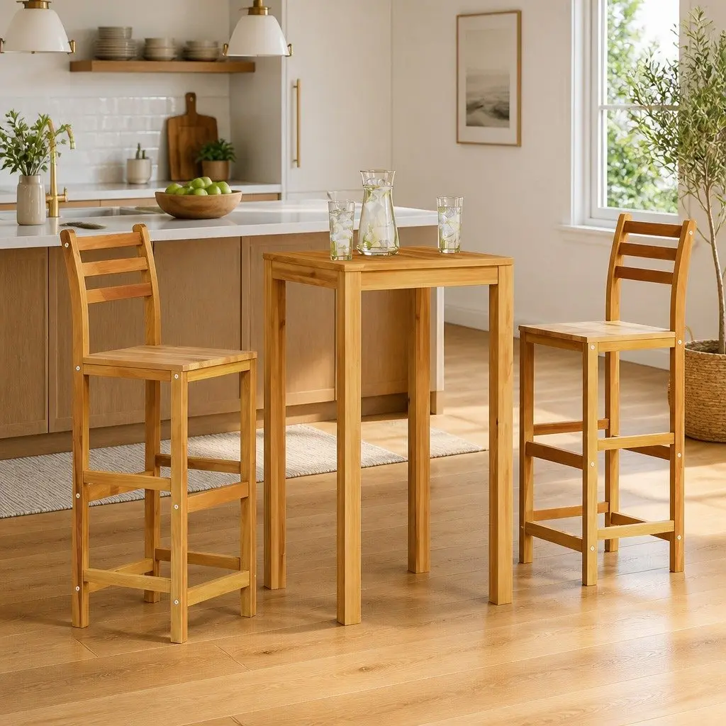 Outdoor Bar Stools Set of 2 Solid Wood Chairs with Backrest Footrest Garden