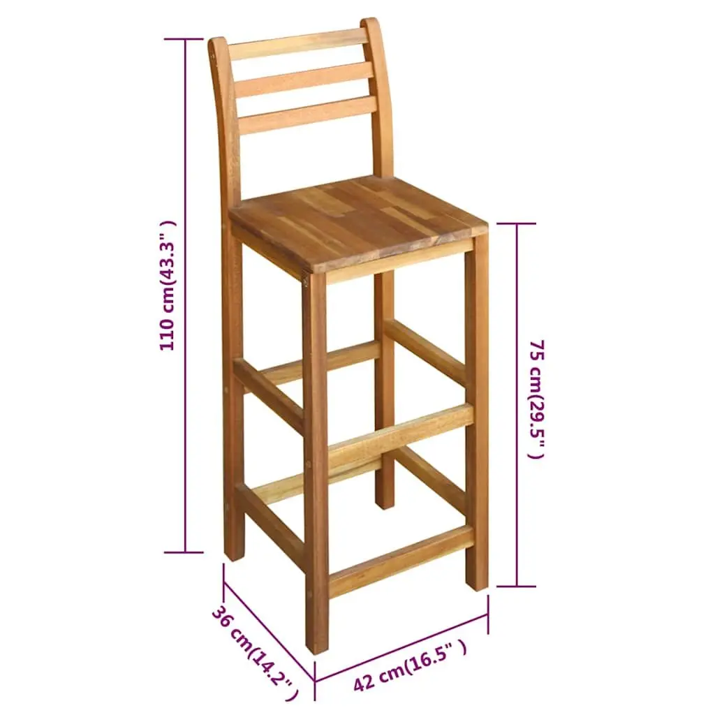 Outdoor Bar Stools Set of 2 Solid Wood Chairs with Backrest Footrest Garden