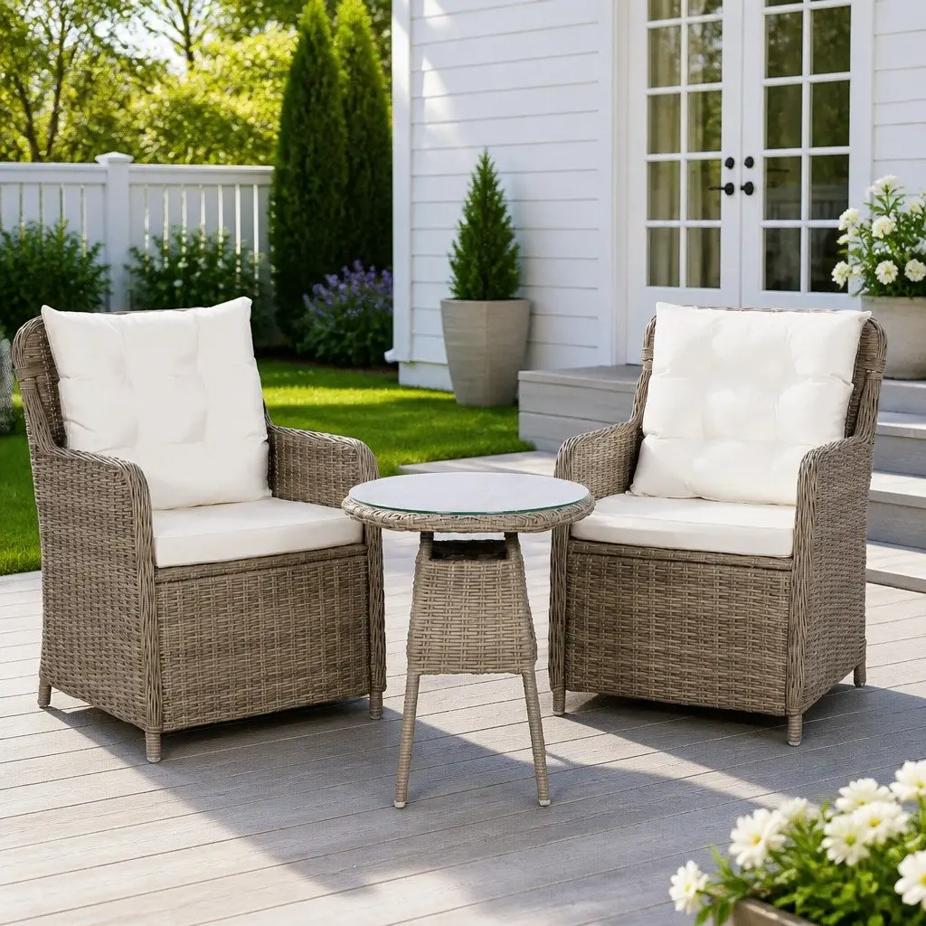 3 Piece Bistro Outdoor Furniture Set Brown Poly Rattan Patio Dining Chairs Table