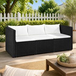 3 Seater Outdoor Sofa - Black PE Rattan with Cushions