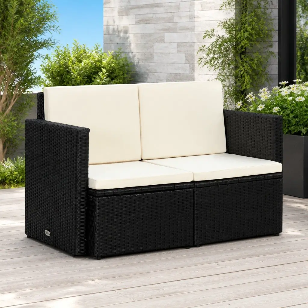 2 Seater Outdoor Sofa with Cushions Black Poly Rattan Garden Patio Furniture