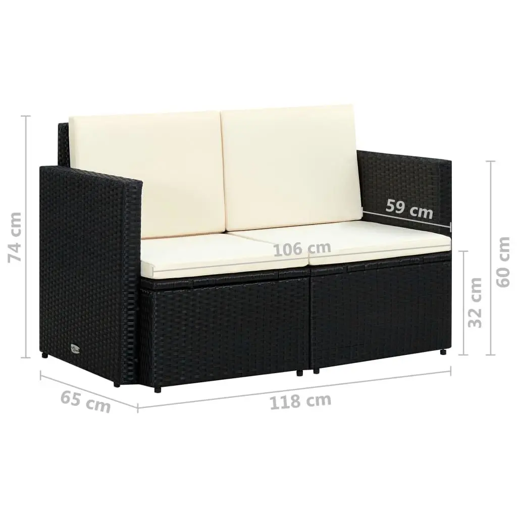 2 Seater Outdoor Sofa with Cushions Black Poly Rattan Garden Patio Furniture