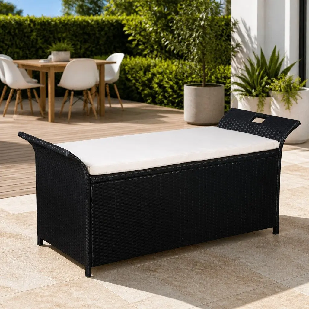 138cm Black Poly Rattan Storage Bench