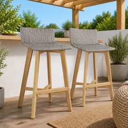 Bar Chairs Set of 2 - Solid Wood & PE Rattan