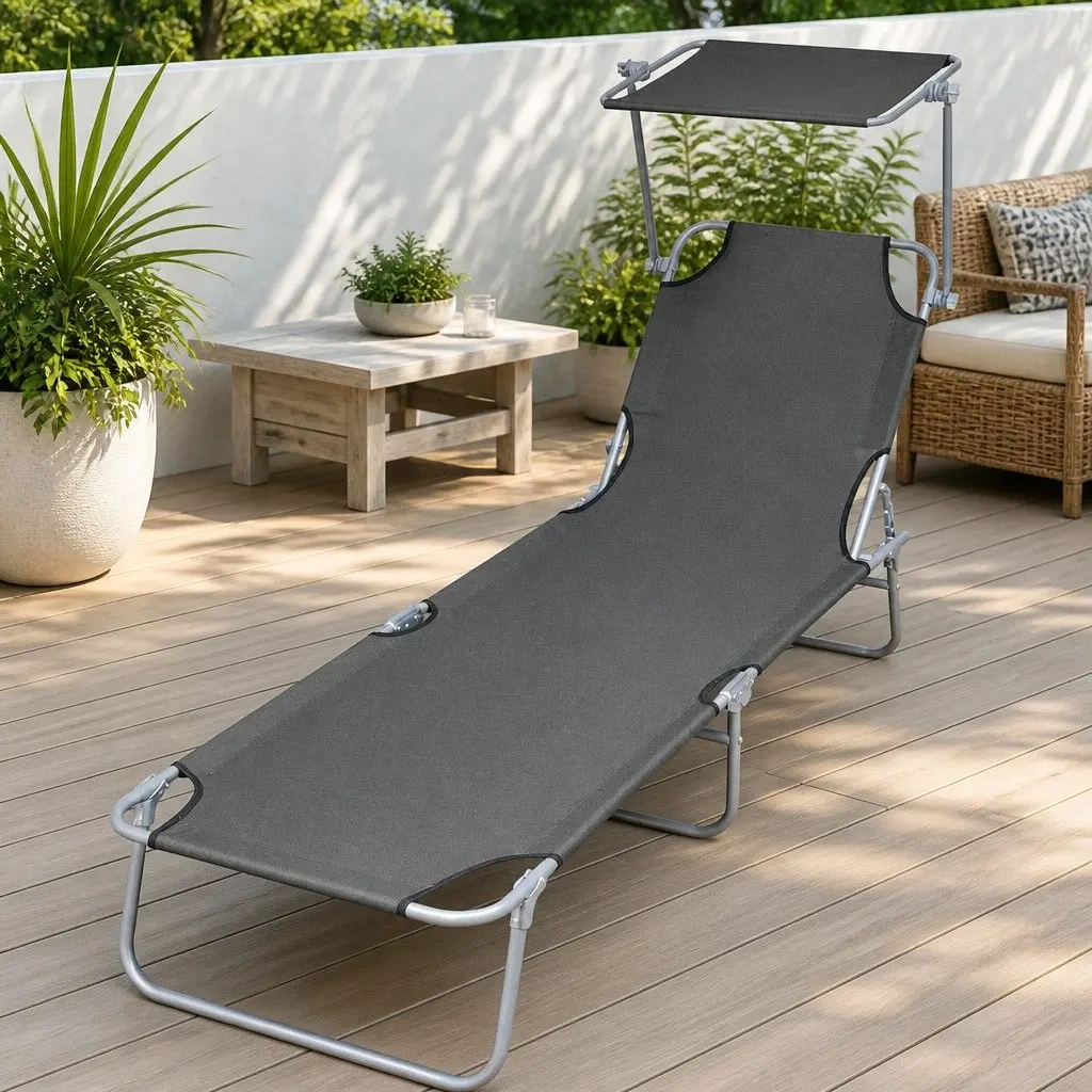 Folding Sun Lounger for Garden Beach Outdoor with Adjustable Canopy Steel Frame