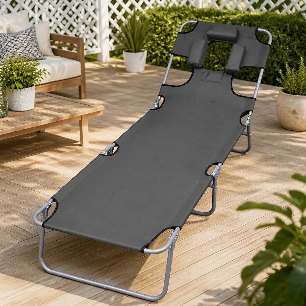 Foldable Sun Lounger Garden Beach Adjustable Backrest Head Cushion