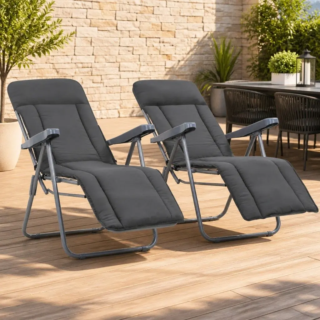 Folding Garden Chairs for Outdoor Use 2 Piece Grey Reclining Camping Seat
