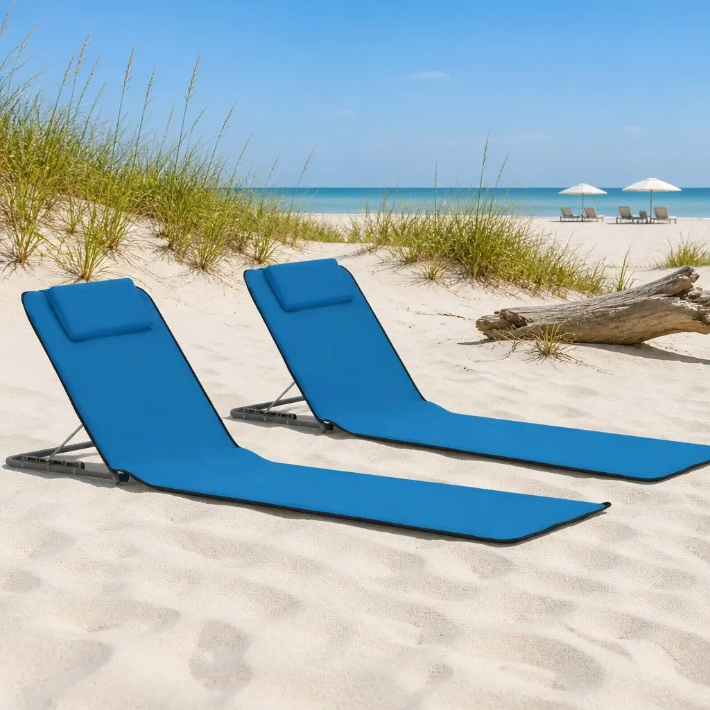 Folding Beach Lounger Set 2 pcs Outdoor Relaxation Steel Frame Fabric Backrest Blue