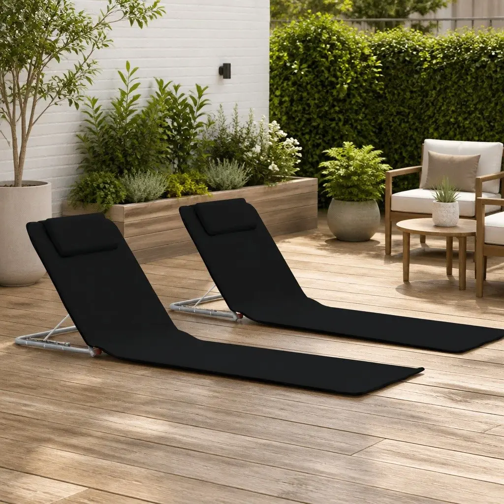 Folding Beach Chairs Set 2 Piece Adjustable Backrest Steel Frame Fabric Lounger