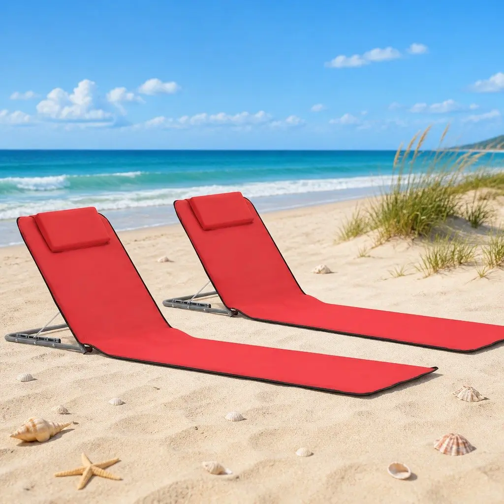 Folding Beach Chair Set 2 Piece Outdoor Use Adjustable Backrest Portable Steel Frame Fabric Lounger