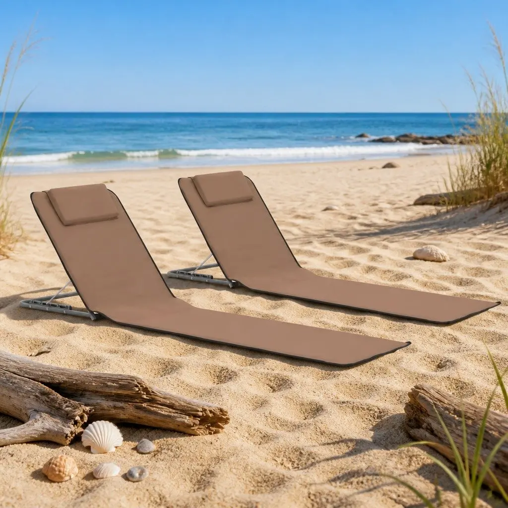 Folding Beach Mats for Outdoor Use 2 Piece Steel Frame Fabric Backrest Sun Lounger Chair Set