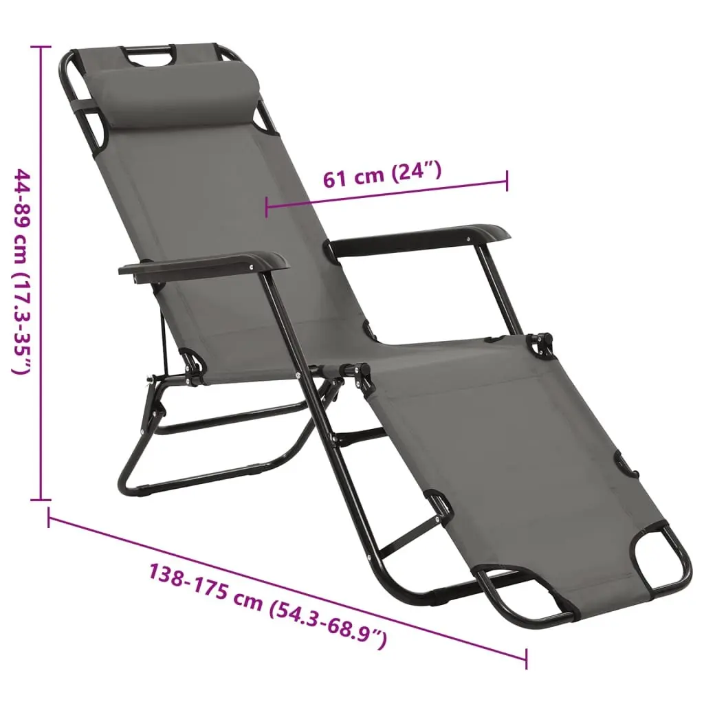 Sun Loungers Folding 2 pcs Grey Adjustable Reclining Garden Beach Chairs