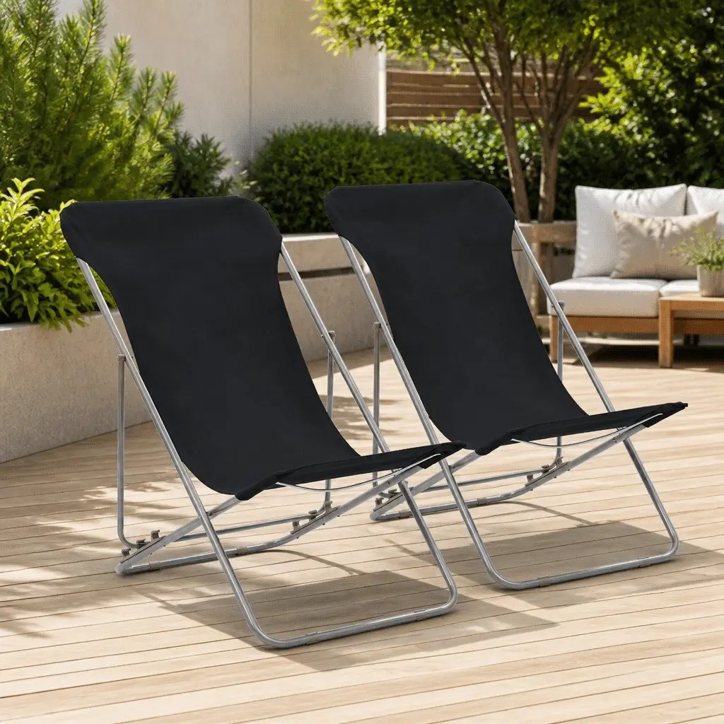 Folding Beach Chairs 2 pcs Steel Frame Oxford Fabric Outdoor Lounger Recliner