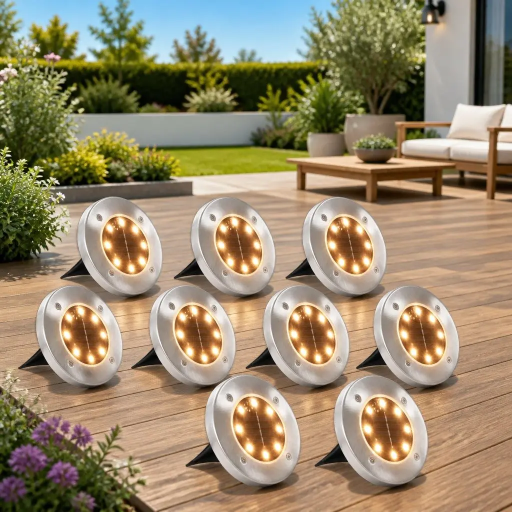 Solar Ground Lights 8 Pack LED Outdoor Garden Patio Pathway Warm White Lighting