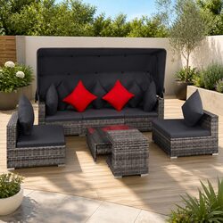 7-Piece Garden Lounge Set - PE Rattan, Powder-Coated Steel