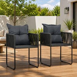 Outdoor Chairs 2pcs with Back Pillows Garden Patio Rattan Seating Black