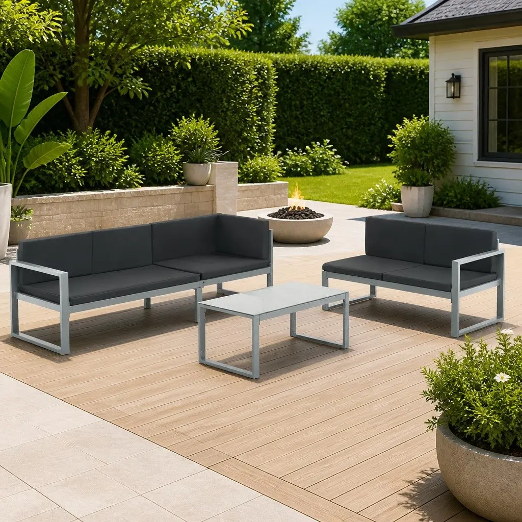 Outdoor Lounge Set Garden Furniture 3 Piece Black Aluminium Frame with Cushions