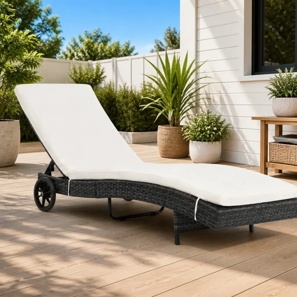 Sun Lounger with Cushioned Adjustable Backrest and Wheels