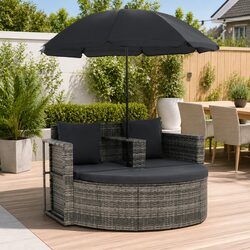 2 Seater Outdoor Sofa Set: Grey Poly Rattan with Footrest & Parasol
