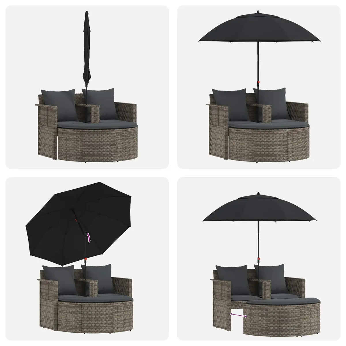 2 Seater Outdoor Garden Sofa Set for Patio Grey Poly Rattan with Footrest and Parasol