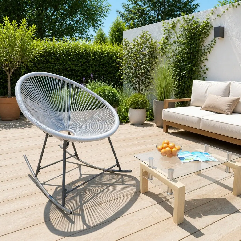 Outdoor Rocking Moon Chair Grey Poly Rattan Garden Patio Furniture