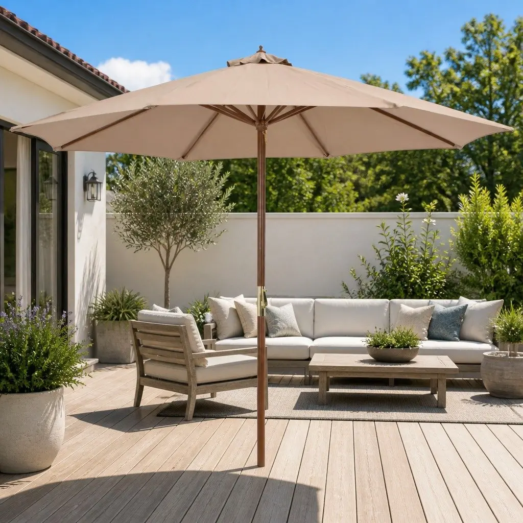 Garden Parasol Outdoor Shade Umbrella 300cm Wooden Pole Taupe Crank Mechanism
