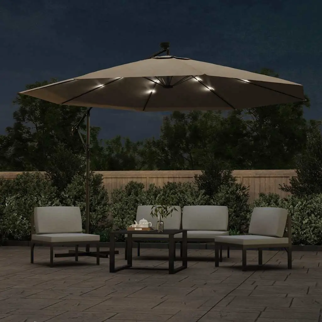 Cantilever Garden Parasol 350cm LED Lights Solar Powered Outdoor Shade Taupe