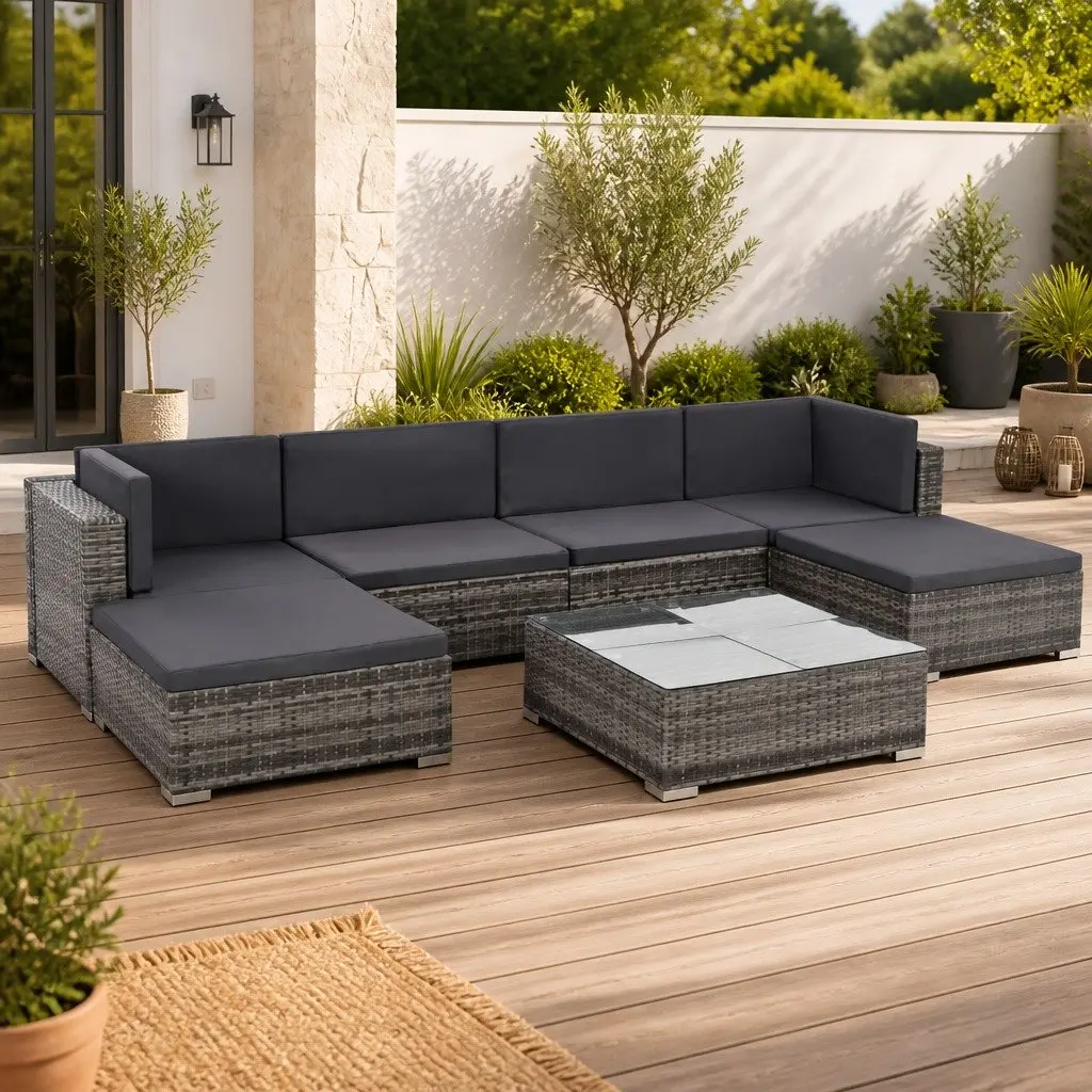 7 Piece Outdoor Garden Lounge Furniture Set Patio Sectional Grey Poly Rattan Sofa