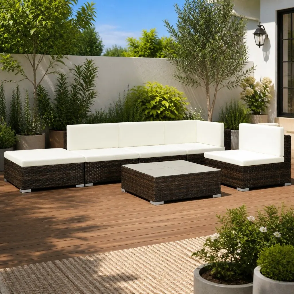 Garden Lounge Set 6 Piece Outdoor Furniture Poly Rattan Sofa with Cushions Brown