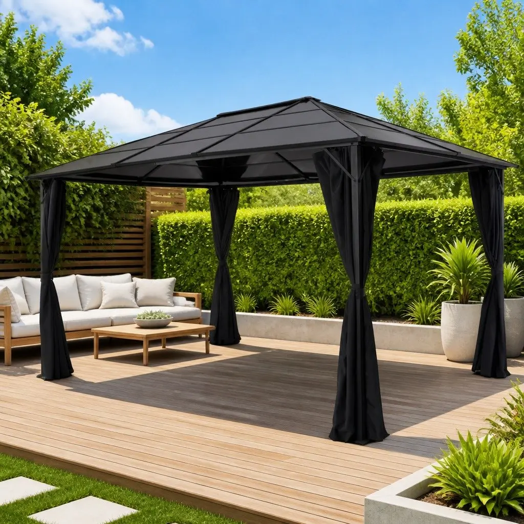 Gazebo Outdoor Pavilion with Curtains 4x3x2.6m Aluminium Steel Black
