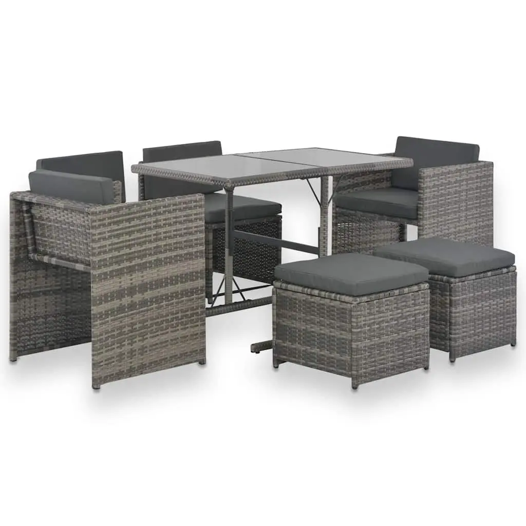 7 Piece Outdoor Dining Set with Cushions Grey Poly Rattan Patio Garden Furniture