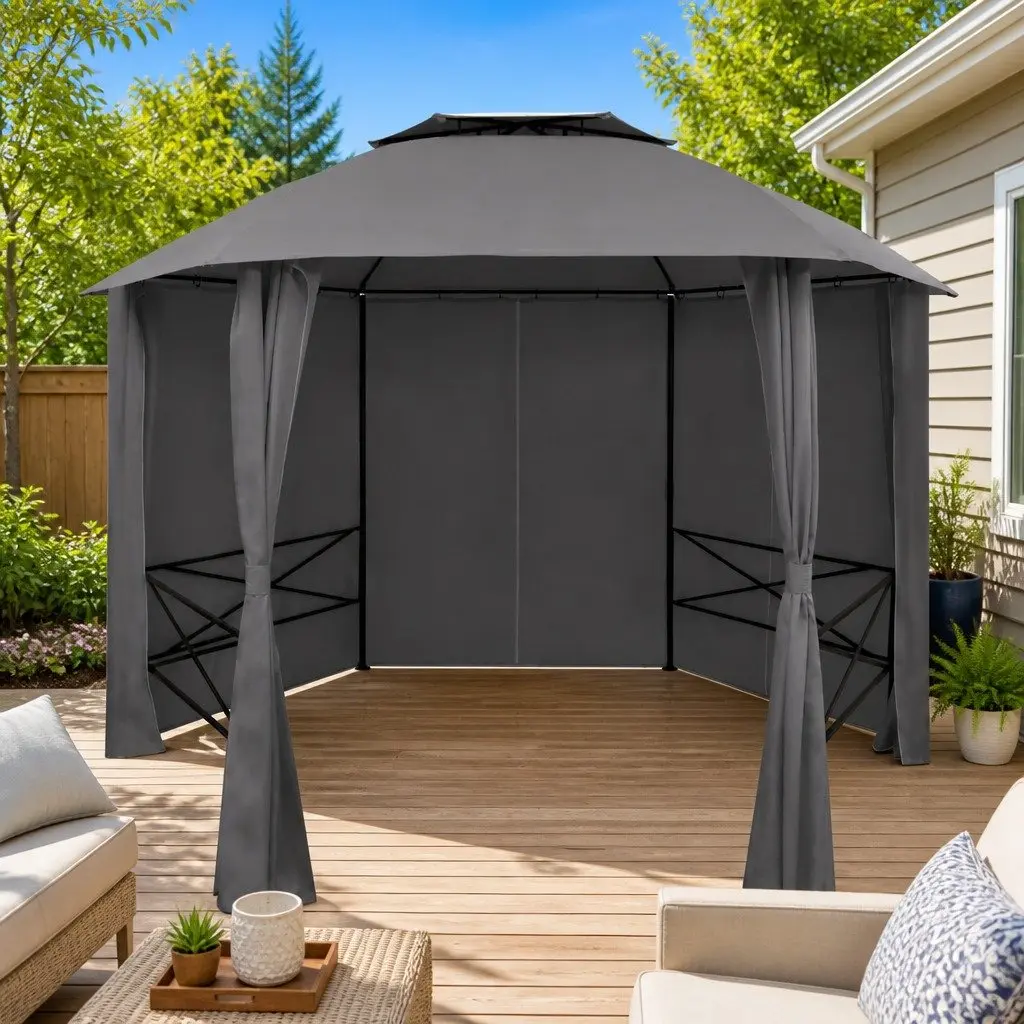Hexagonal Garden Gazebo Pavilion Tent with Curtains Outdoor Canopy Sunshade