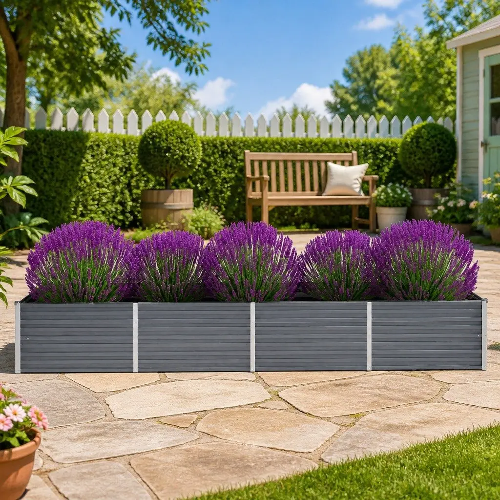 Metal Planter Box for Outdoor Use Grey 320x80x45cm Heavy Duty Galvanised Steel Construction