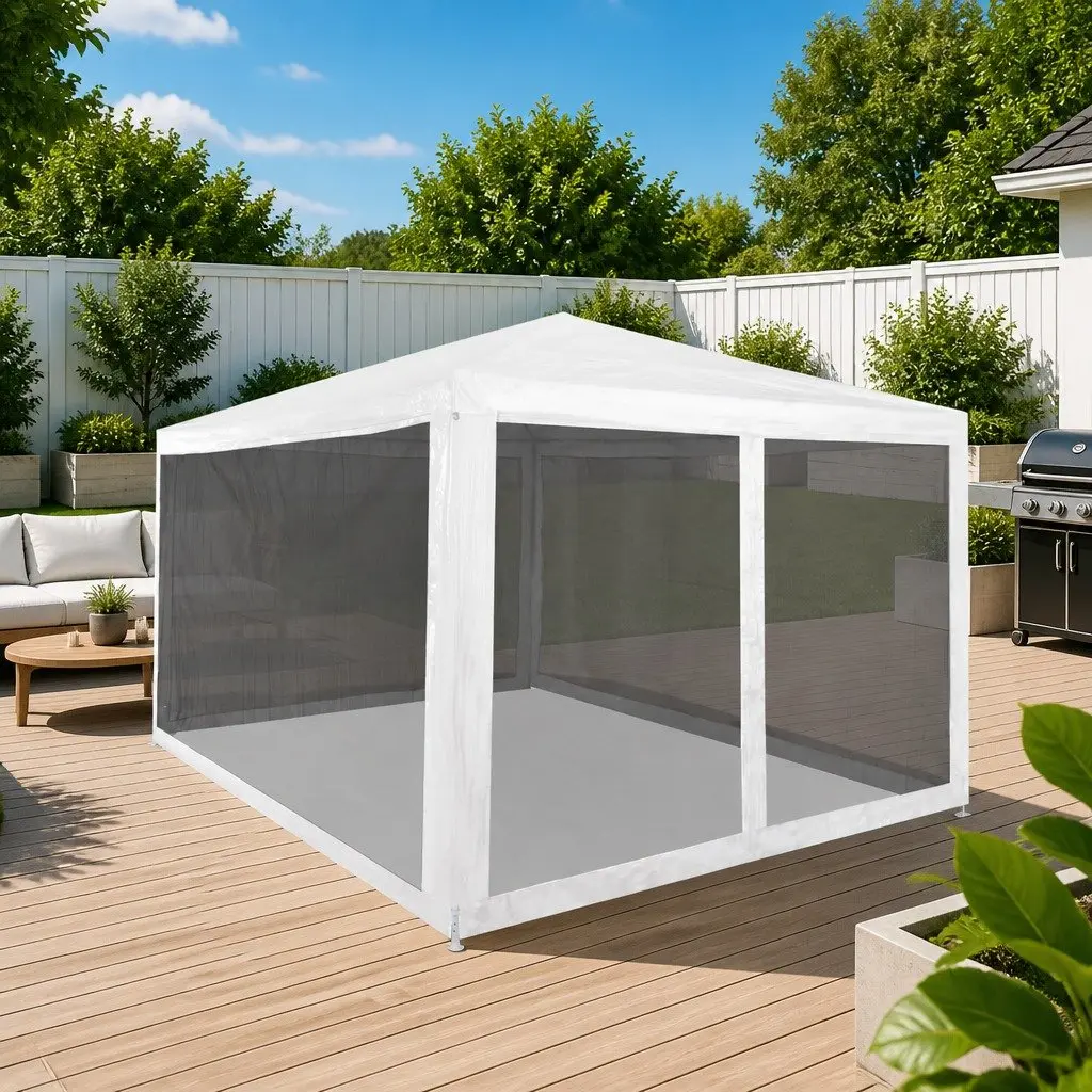 Party Tent 4x3m White Outdoor Gazebo Mesh Sidewalls Insect Protection Events
