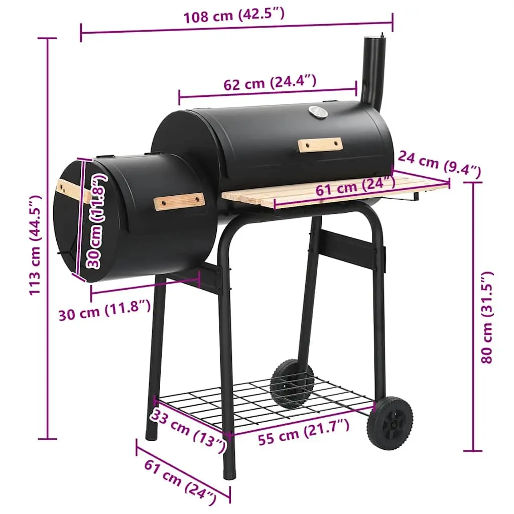 Charcoal BBQ Offset Smoker Grill Cooking Chamber Firebox Outdoor Garden