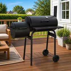 Charcoal Offset Smoker: Black, 2 Wheels, Large Cooking Area