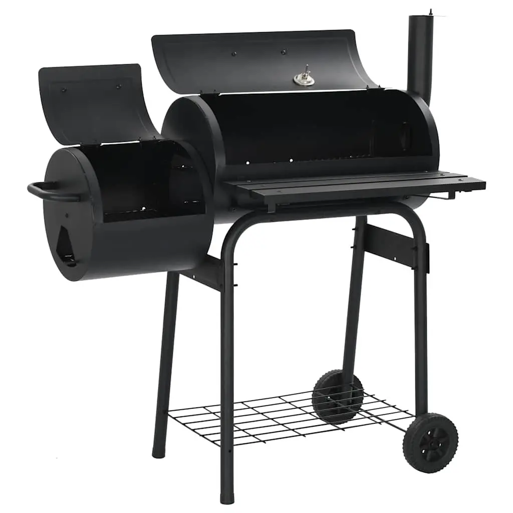 Charcoal BBQ Offset Smoker Black Cooking Chamber Firebox Outdoor Grill