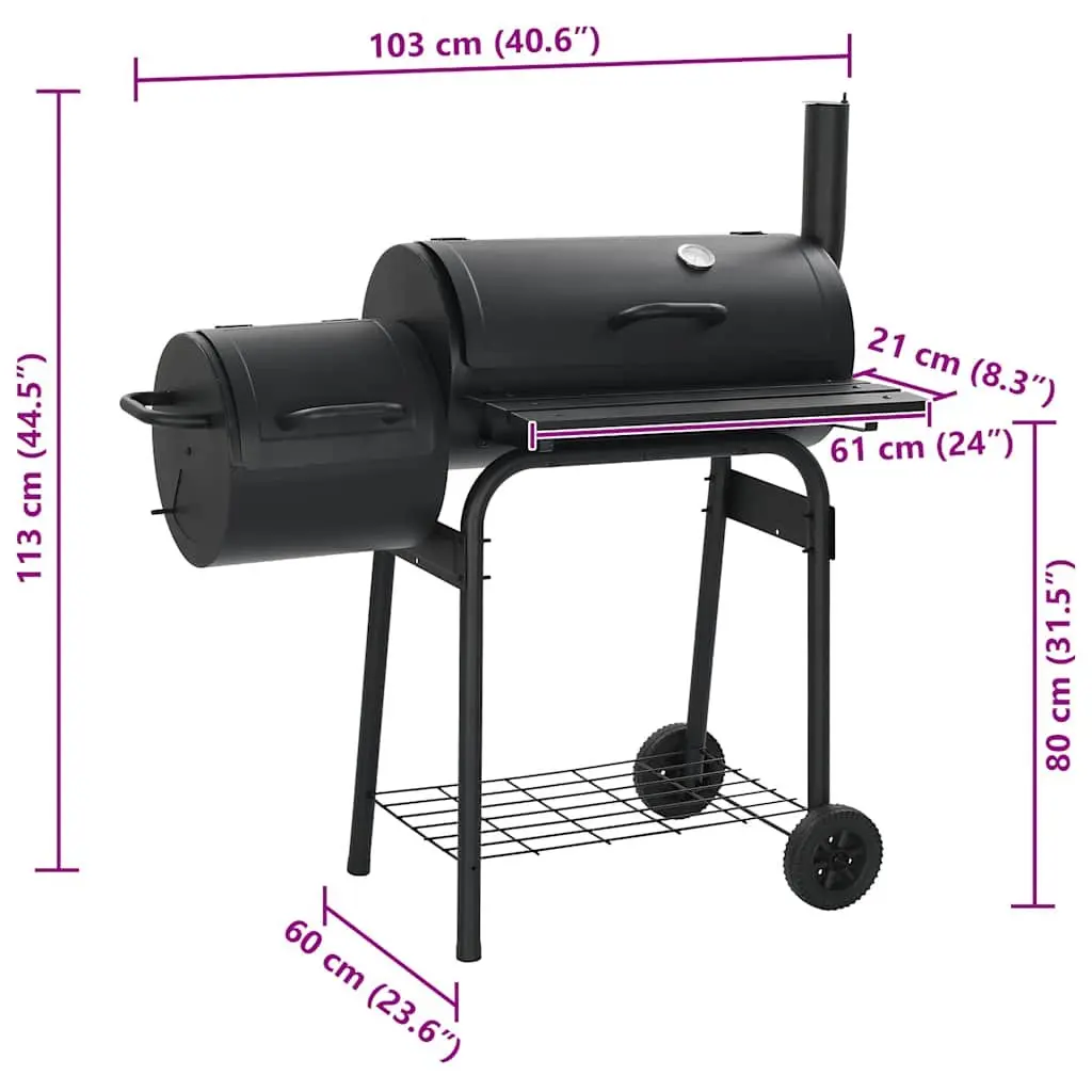 Charcoal BBQ Offset Smoker Black Cooking Chamber Firebox Outdoor Grill