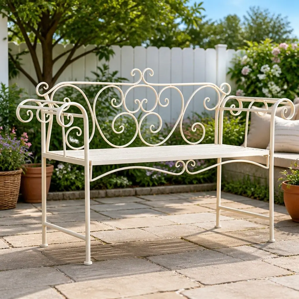 Garden Bench Outdoor Seating 132cm Metal Scroll Pattern Antique White Frame