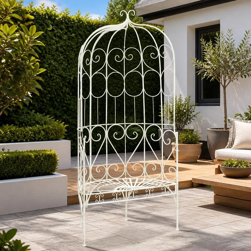 Wrought Iron Garden Bench 95cm Outdoor Use Antique Style White Seating
