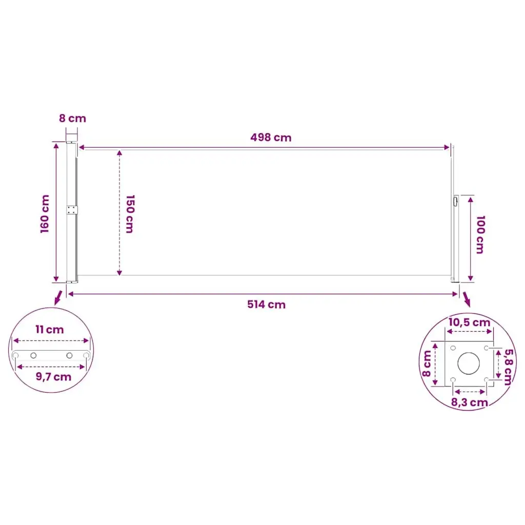 160 x 500 cm Retractable Side Awning