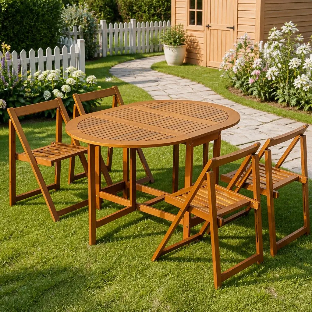 Folding 5-Piece Acacia Wood Outdoor Dining Set